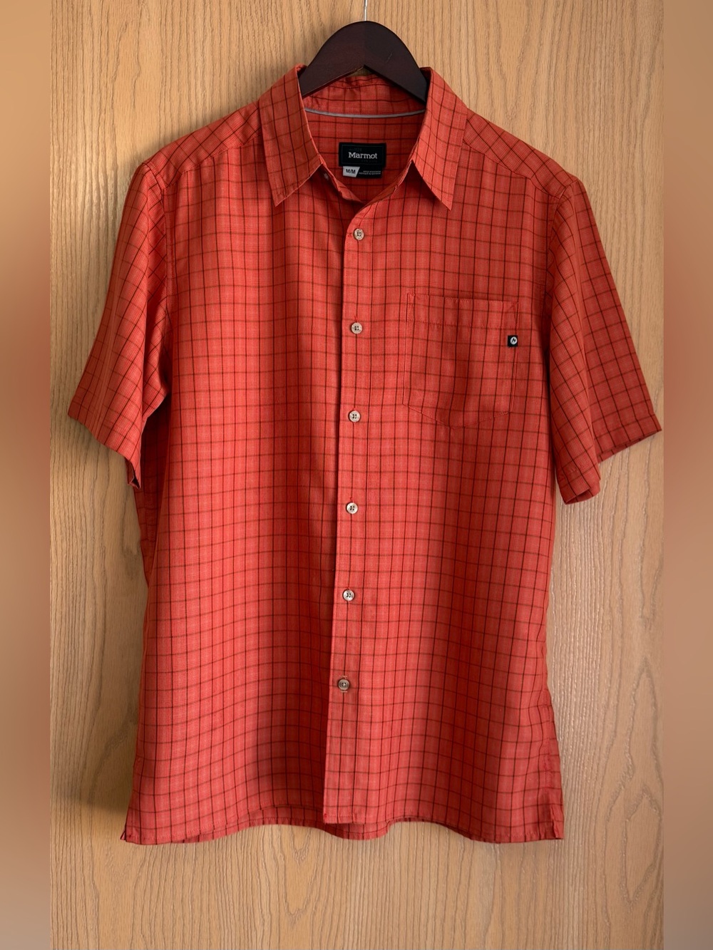 MARMOT | Men’s Medium | Orange Plaid Camp Shirt Short Sleeve Button Up